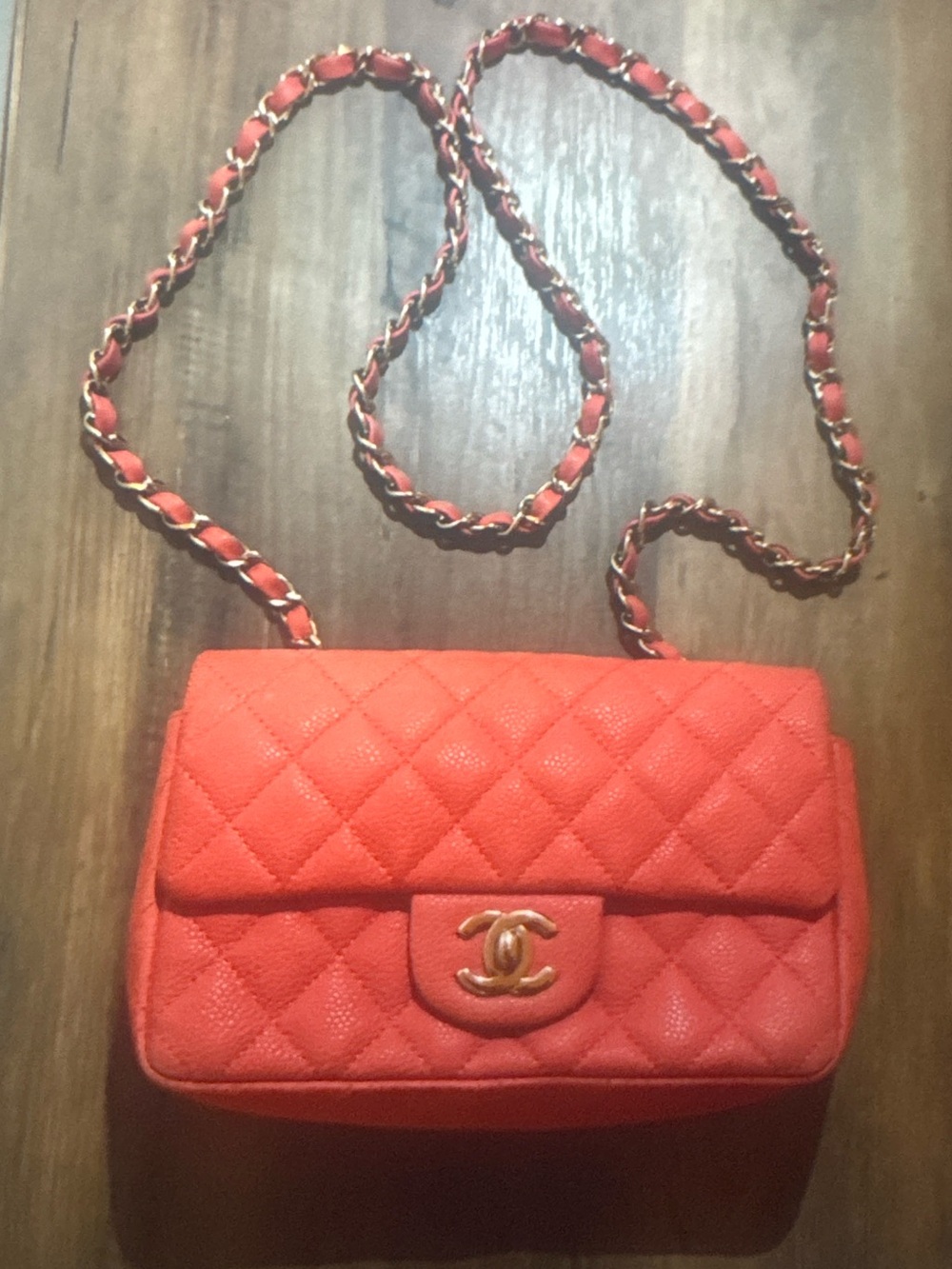 Classic Mini rectangular single flap chanel bag, in a peachy coral color